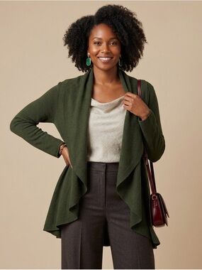Boho Forest Green Waterfall Drape Front Knit Cardigan Jacket - Small